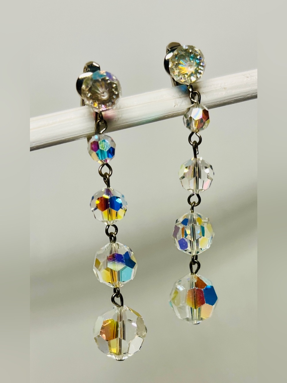 Aurora Borealis 1960s Multicolor Crystal Drop Dangle Clip-on Earrings